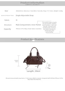 Detailed size chart of the brown PU leather boston bag with 30x13x14cm dimensions
