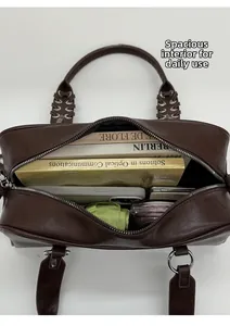 Top view of spacious dark brown PU leather tote bag showing large interior capacity