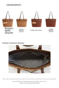 Detail view of large plush tote bag with striped lining and secure zipper pocket