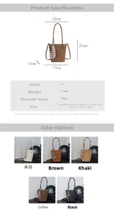 Detailed size chart and multi-color options for the woven PU leather bucket bag with scarf