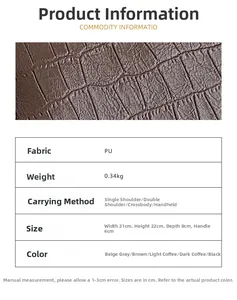 Brown crocodile pattern PU leather bag detailing dimensions and multi-way carry options