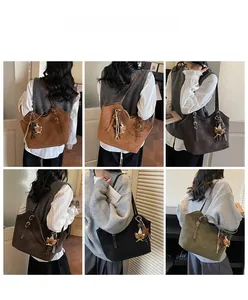 Detailed views of high-capacity tote bag in four colors with a cute bear charm pendant
