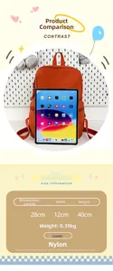 Detailed size specifications of the lightweight nylon backpack with iPad scale comparison