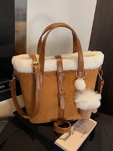 Retro Faux Fur Splicing PU Leather Bucket Bag For Women Large Capacity Handbag With Plush Ball Pendant Autumn Winter Bag