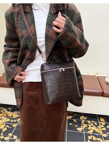 Detail of dark brown croc-textured crossbody bag with zipper and retro square structure