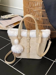 Vintage beige plush bucket bag with fuzzy faux fur trim and cute bear charm pendant