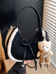 Sac Bandoulière Femme en Simili Daim PU Avec Bordure en Fausse Fourrure Nœud Pendentif Ours Style Coréen Quotidien