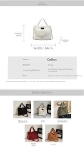 Detailed size specifications and color options for this large canvas tote handbag