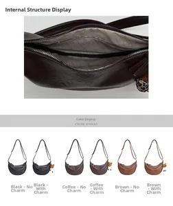 Détails du grand sac croissant en texture litchi avec poche intérieure zippée
