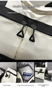 Detalle de tela resistente al agua, cremalleras y compartimento separado para zapatos