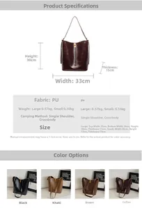 Detailed size specifications and multi-color chart for the retro PU leather bucket bag