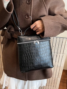 Minimalist black crocodile pattern tote bag for women with dual silver zipper detail
