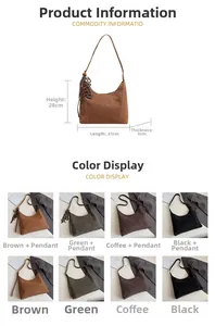 Infographic showing bag dimensions 31x28x8cm and available colors with charm detail