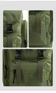 Detailed view of green plaid backpack featuring plastic buckle and nylon webbing straps