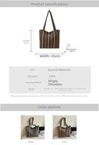 Detailed view of striped canvas tote bag size chart and bow knot fabric texture