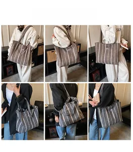 Detail shots of large striped tote bag with bow accent in brown and grey wool