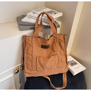 Detail of a brown canvas tote bag featuring a front pocket and adjustable shoulder strap