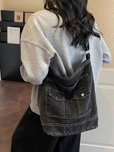 Vintage large capacity washed denim tote bag with functional utility pockets in black