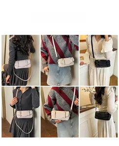 Collage de bolsos cruzados crema y negros mostrados desde varios ángulos en el uso diario