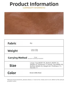 Detailed size specifications for small and large tote bags with PU leather texture closeup