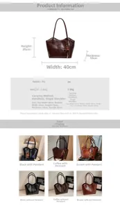 Detailed size chart for large PU leather tote bag with precise measurements and color options
