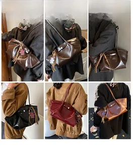 Collage of model wearing a large pleated shoulder bag in multiple stylish colors