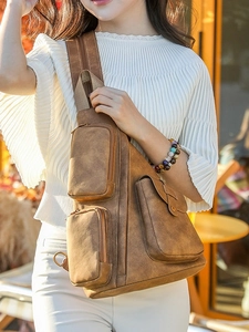 Bolso de pecho vintage marrón para mujer, mochila bandolera con múltiples bolsillos