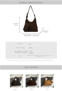 Detailed dimensions and color options for large PU leather hobo bag with small pouch
