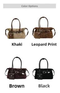 Four large tote bags in khaki, leopard, brown, and black with belt buckles and mini pouches