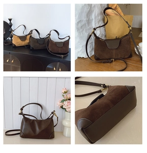 Detail of vintage patchwork suede crossbody bag featuring smooth leather trim and sturdy corners