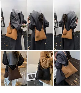 Multiple views of a large hobo bag with a matching pouch in black and brown hues