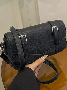 Bolso de Bandolera de Cuero de PU Grano de Litchi para Mujer Minimalista Cuadrado Pequeño Hebilla Doble Casual