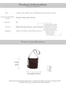 Détails du cabas rétro en cuir PU marron avec dimensions 20x12x22cm et bandoulière réglable