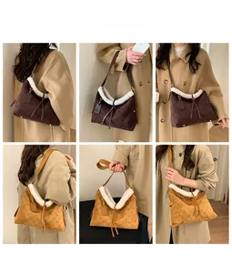 Detailed views of vintage tote bag featuring faux shearling trim and suede texture