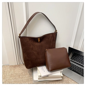 Deep brown faux suede hobo tote bag with matching leather pouch and gold buckle