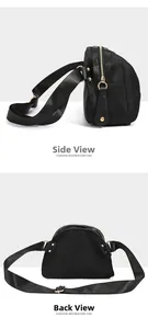 Vue détaillée latérale et arrière d'un sac à bandoulière noir en tissu Oxford et or