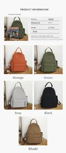 Detailed view showing lightweight nylon backpack specifications and colorful color options