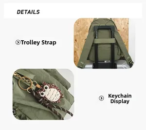 Outdoor backpack detail showing the trolley strap for luggage and decorative owl pendant