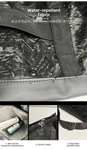 Detail of water-resistant fabric with wet-dry separation and adjustable shoulder strap