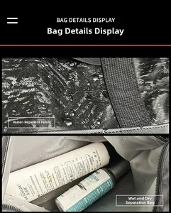 Detail view of water-resistant fabric and interior wet-dry separation bag for travel