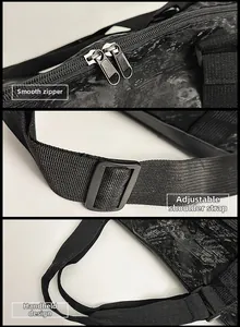 Detail of smooth metal double zippers, adjustable shoulder strap and reinforced handles
