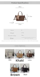 Detailed size chart for retro woven PU leather tote bag with polka dot scarf decor