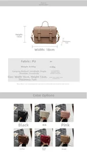 Detailed chart showing small PU leather messenger bag dimensions and six color options