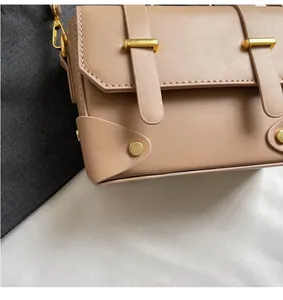 Detail shot of vintage beige square bag with premium gold metallic hardware and buckle