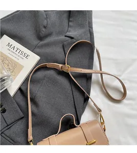 Detail of adjustable strap and gold hardware on beige minimalist crossbody bag
