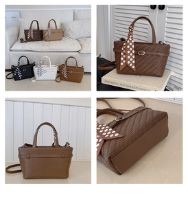 Detailed view of woven texture handbag with polka dot scarf and metal buckle in four colors