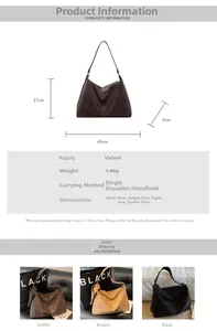 Guide des tailles pour grand sac cabas en velours avec mesures et coloris variés