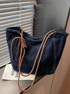 Sac Fourre-tout en Denim Vintage Délavage à l'acide Grande Capacité Sac à Bandoulière Avec Poignée en Corde Tressée Gland Femme