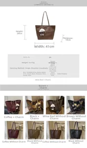 Detailed size chart and multi-color swatches of this large PU leather tote bag