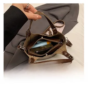 Overhead view showing the spacious interior and inner pouch of the vintage bucket bag